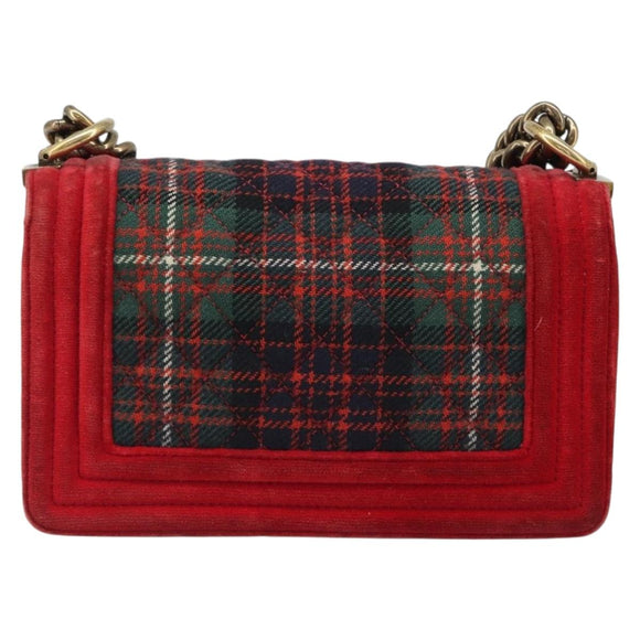 CHANEL Boy Chanel Chain Shoulder Bag Velor Red Gold CC Auth mr2605SAV