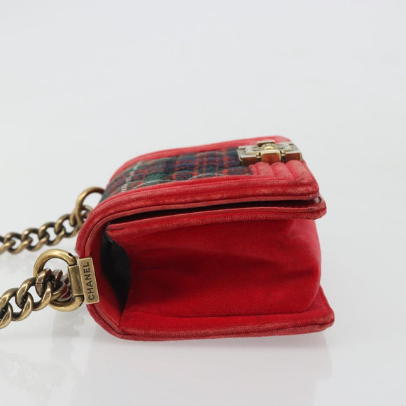 CHANEL Boy Chanel Chain Shoulder Bag Velor Red Gold CC Auth mr2605SAV