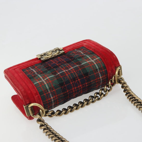 CHANEL Boy Chanel Chain Shoulder Bag Velor Red Gold CC Auth mr2605SAV