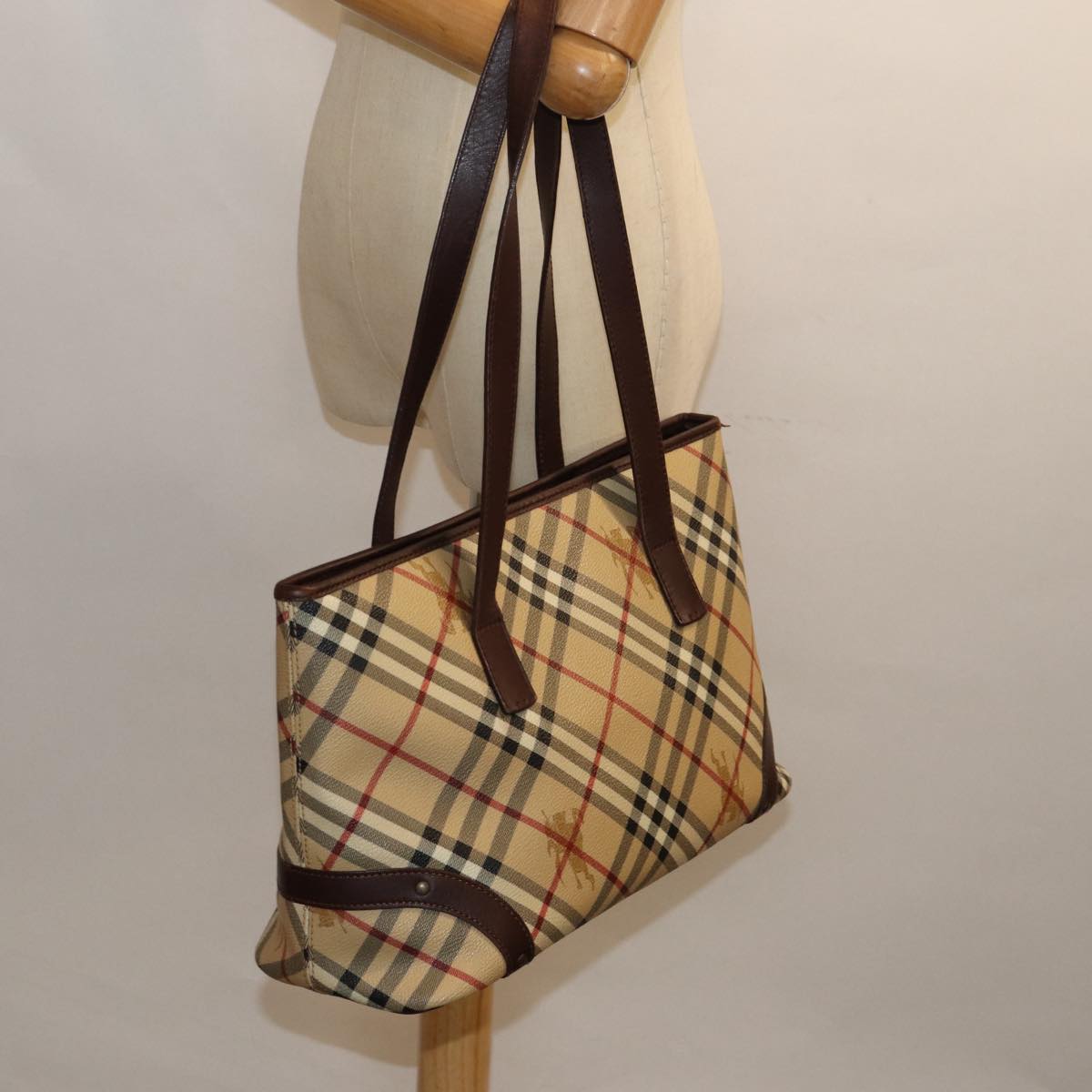 BURBERRY Nova Check Tote Bag PVC Leather Beige Auth mr261