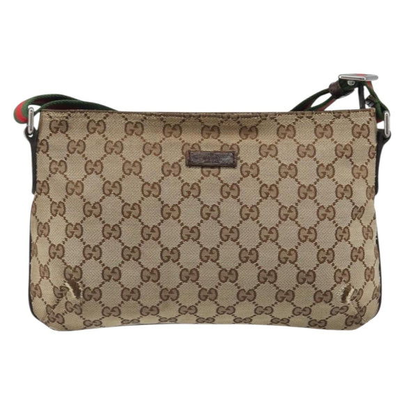 GUCCI GG Canvas Web Sherry Line Shoulder Bag Beige Silver 189749 Auth mr2613