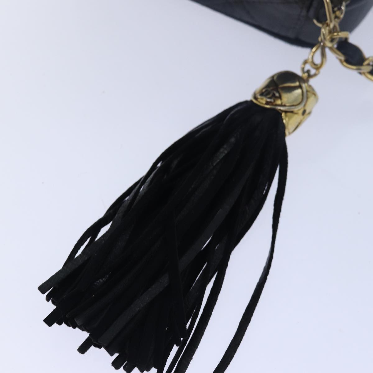 CHANEL Matelasse Fringe Chain Shoulder Bag Lamb Skin Black CC Auth mr262