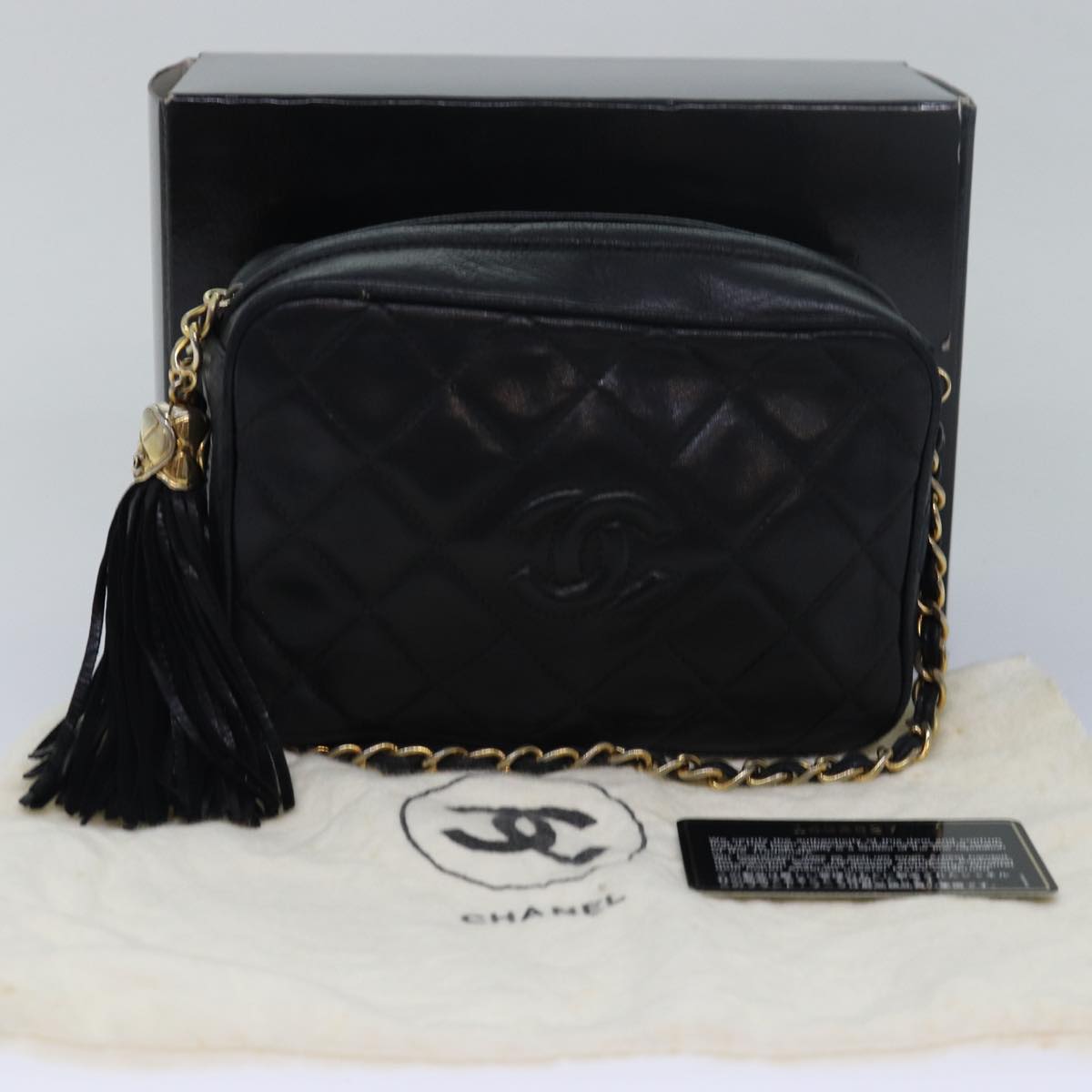 CHANEL Matelasse Fringe Chain Shoulder Bag Lamb Skin Black CC Auth mr262