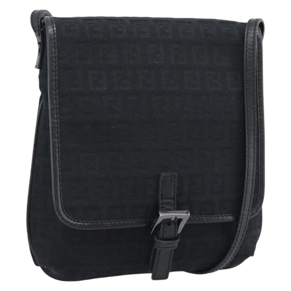 FENDI Zucchino Canvas Shoulder Bag Black Silver Auth mr2656