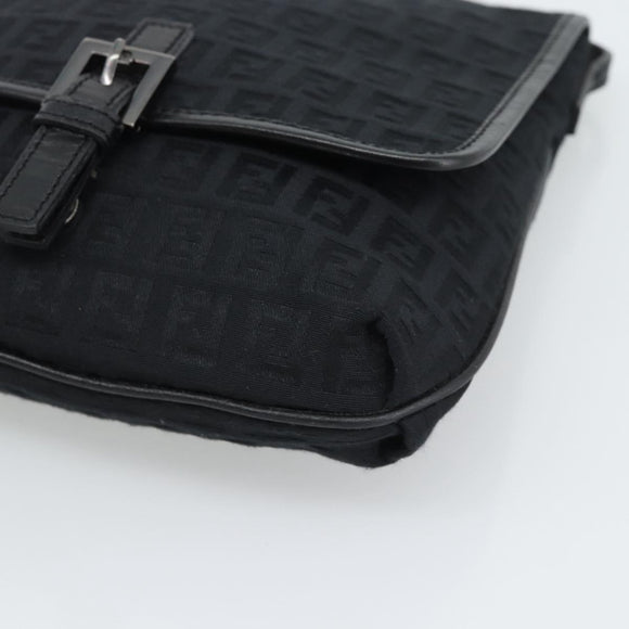 FENDI Zucchino Canvas Shoulder Bag Black Silver Auth mr2656
