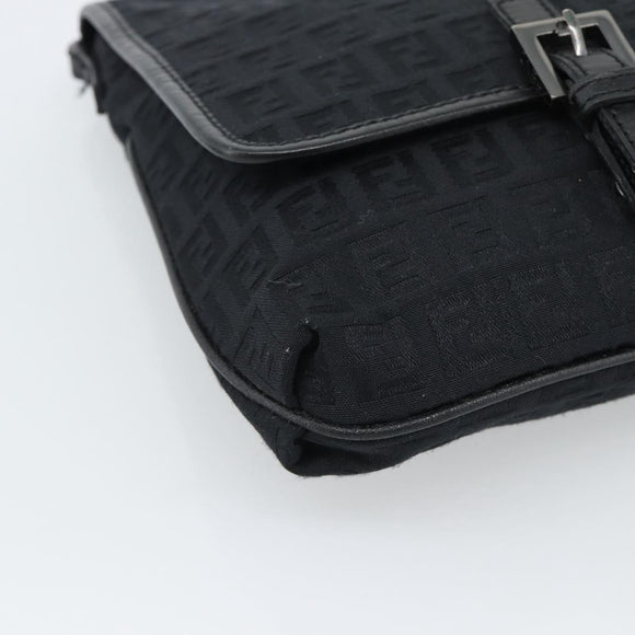 FENDI Zucchino Canvas Shoulder Bag Black Silver Auth mr2656