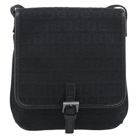 FENDI Zucchino Canvas Shoulder Bag Black Silver Auth mr2656
