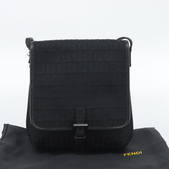 FENDI Zucchino Canvas Shoulder Bag Black Silver Auth mr2656