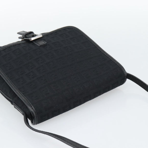 FENDI Zucchino Canvas Shoulder Bag Black Silver Auth mr2656