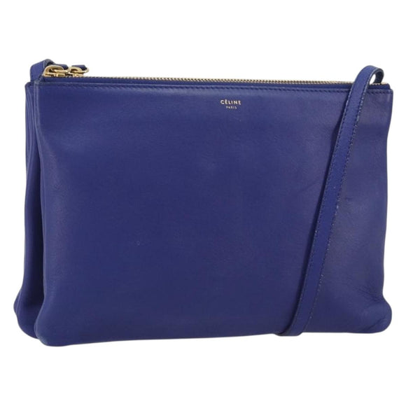 CELINE Trio Shoulder Bag Leather Blue Gold Auth mr2667