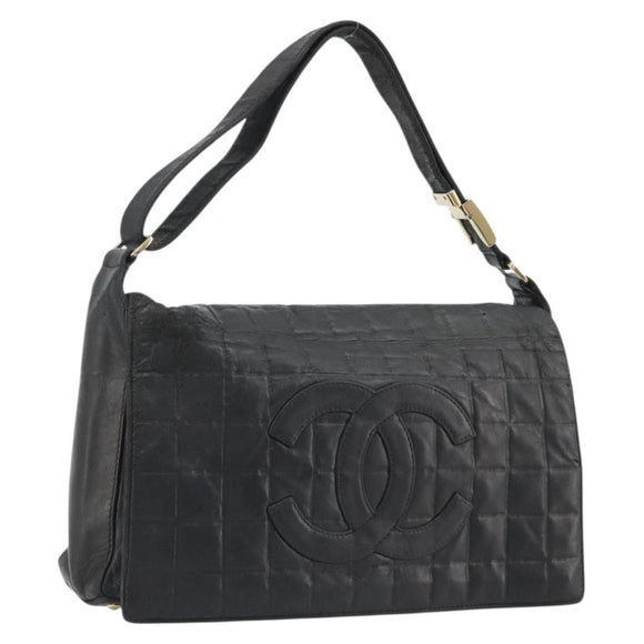 CHANEL Choco Bar Line Shoulder Bag Leather Black Silver CC Auth mr2705