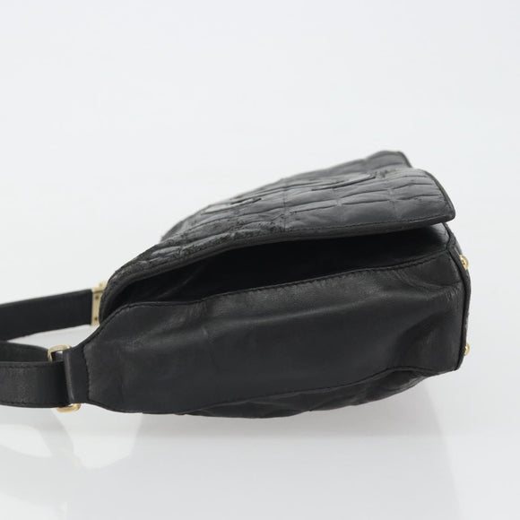 CHANEL Choco Bar Line Shoulder Bag Leather Black Silver CC Auth mr2705