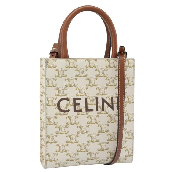 CELINE Triomphe Vertical Cabas Mini Bag Leather 2way Beige Gold Auth mr2709V