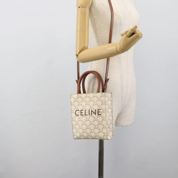 CELINE Triomphe Vertical Cabas Mini Bag Leather 2way Beige Gold Auth mr2709V