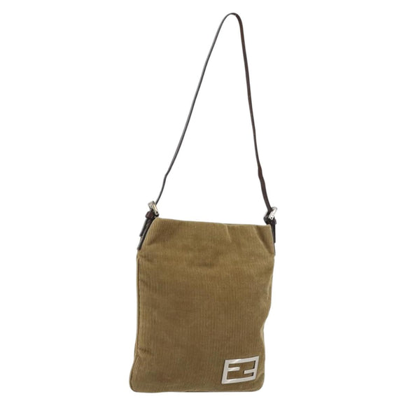 FENDI Shoulder Bag Corduroy Beige Silver Auth mr2721