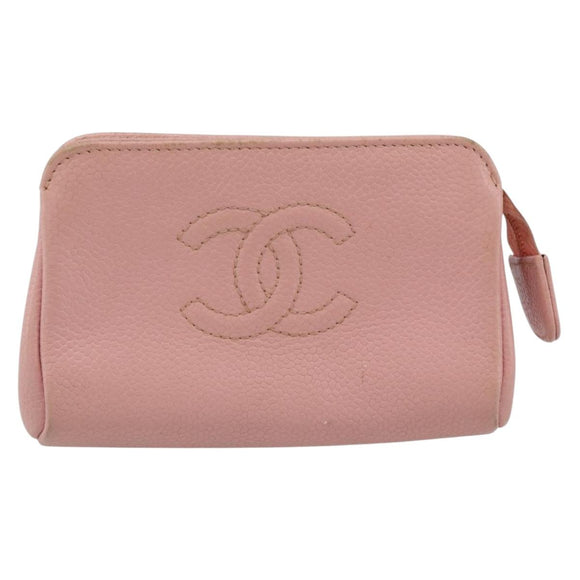 CHANEL Pouch Caviar Skin Pink Gold CC Auth mr2739