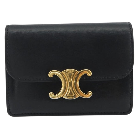 CELINE Triomphe Card Case Leather Black Gold Auth mr2753A