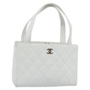 CHANEL Hand Bag Lamb Skin White Gold CC Auth mr2763V-1