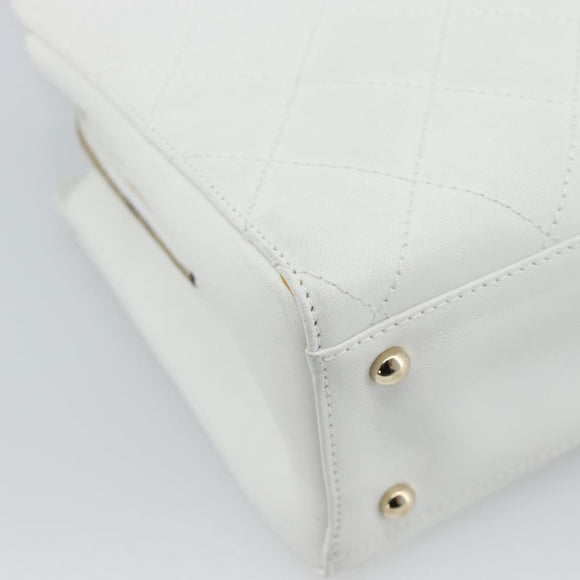 CHANEL Hand Bag Lamb Skin White Gold CC Auth mr2763V