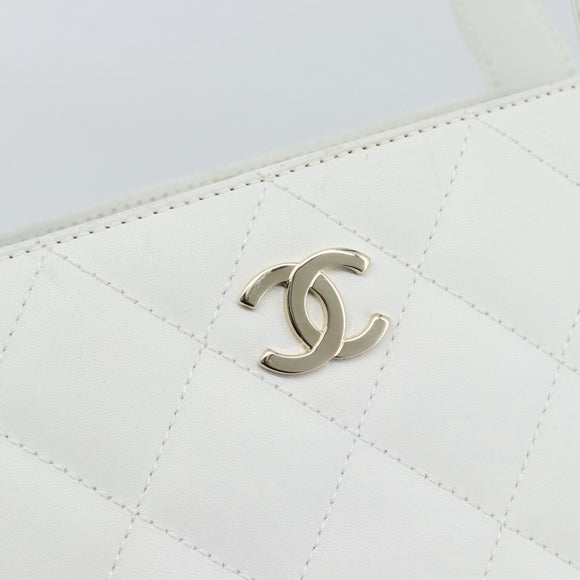 CHANEL Hand Bag Lamb Skin White Gold CC Auth mr2763V