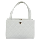 CHANEL Hand Bag Lamb Skin White Gold CC Auth mr2763V-13