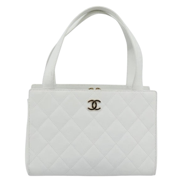 CHANEL Hand Bag Lamb Skin White Gold CC Auth mr2763V