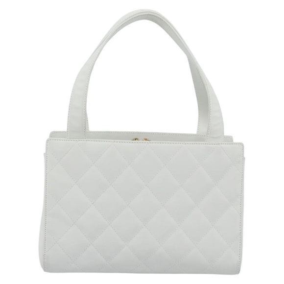 CHANEL Hand Bag Lamb Skin White Gold CC Auth mr2763V