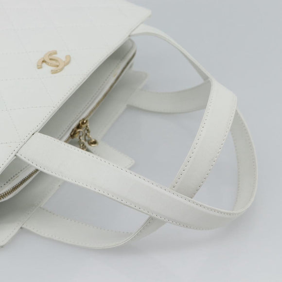 CHANEL Hand Bag Lamb Skin White Gold CC Auth mr2763V