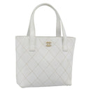 CHANEL Wild Stitch Hand Bag Leather White Gold CC Auth mr2765V-1