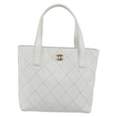 CHANEL Wild Stitch Hand Bag Leather White Gold CC Auth mr2765V-13