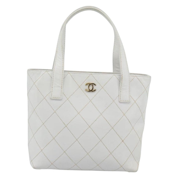 CHANEL Wild Stitch Hand Bag Leather White Gold CC Auth mr2765V