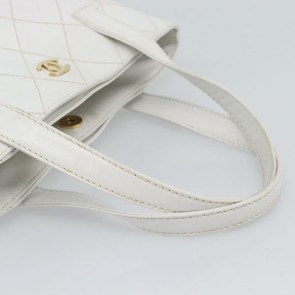 CHANEL Wild Stitch Hand Bag Leather White Gold CC Auth mr2765V