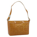 CHANEL Choco Bar Line Shoulder Bag Patent Leather Brown Silver CC Auth mr2768-1