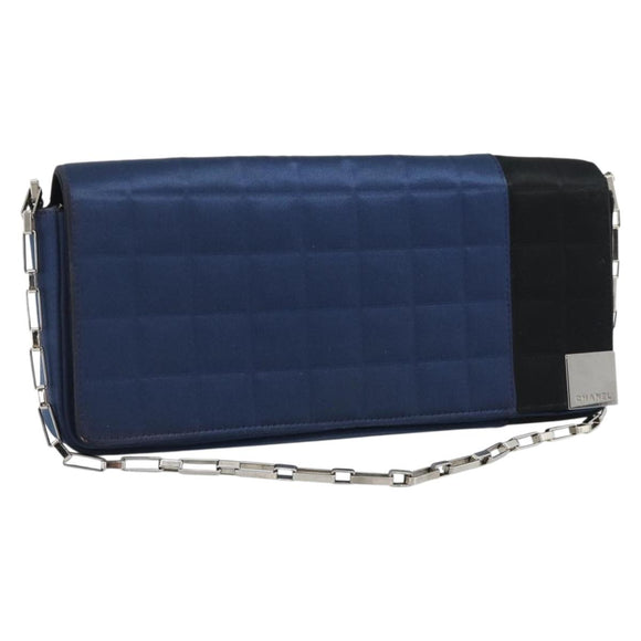 CHANEL Choco Bar Line Chain Shoulder Bag Satin Navy Silver CC Auth mr2769