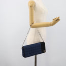 CHANEL Choco Bar Line Chain Shoulder Bag Satin Navy Silver CC Auth mr2769-23