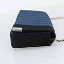 CHANEL Choco Bar Line Chain Shoulder Bag Satin Navy Silver CC Auth mr2769-4