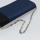 CHANEL Choco Bar Line Chain Shoulder Bag Satin Navy Silver CC Auth mr2769-7
