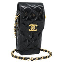 CHANEL Matelasse Chain Phone Case Patent Leather Black Gold CC Auth mr2771V-1