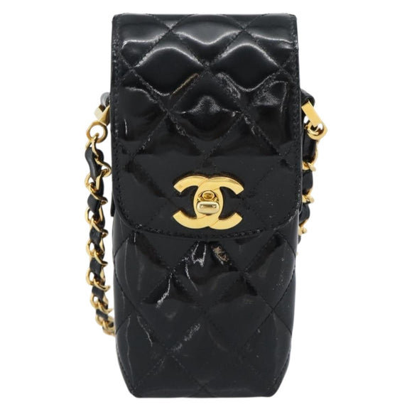 CHANEL Matelasse Chain Phone Case Patent Leather Black Gold CC Auth mr2771V