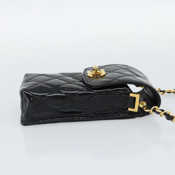 CHANEL Matelasse Chain Phone Case Patent Leather Black Gold CC Auth mr2771V
