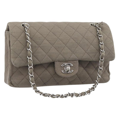 CHANEL Matelasse Chain Shoulder Bag Cotton Gray Silver CC Auth mr2778