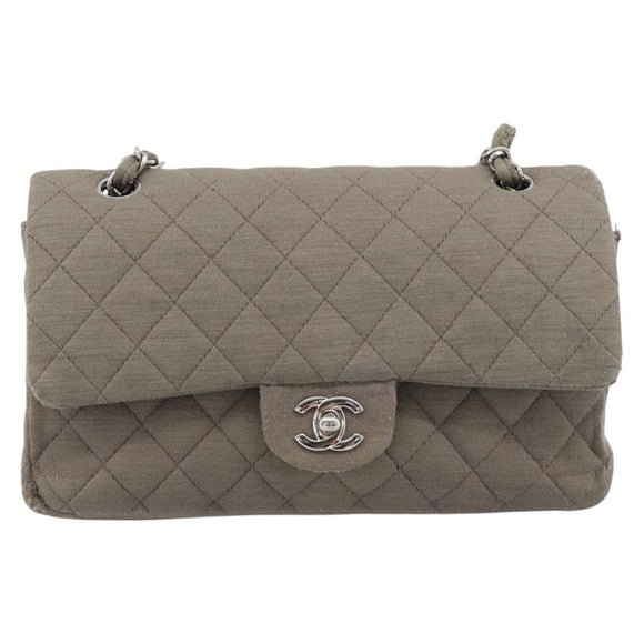 CHANEL Matelasse Chain Shoulder Bag Cotton Gray Silver CC Auth mr2778