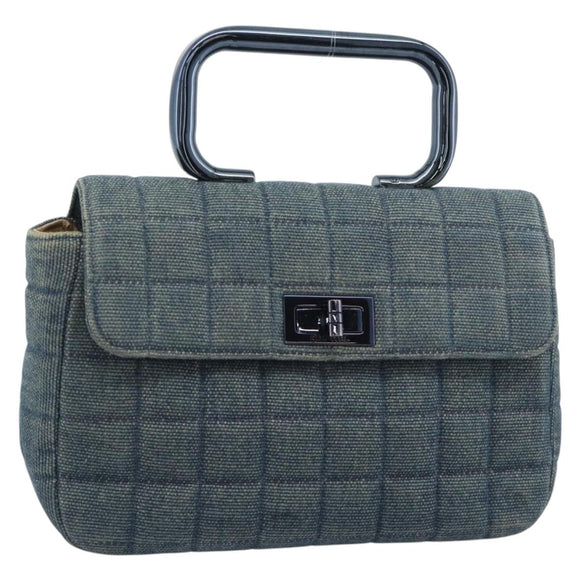 CHANEL 2.55 Choco Bar Line Hand Bag Canvas Blue CC Auth mr2780V