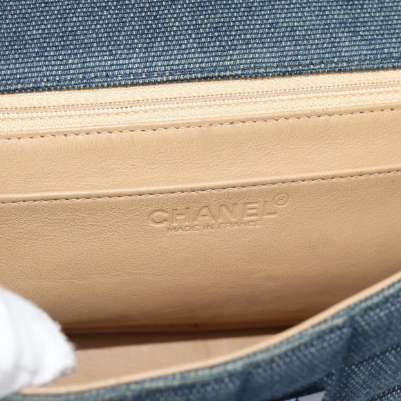 CHANEL 2.55 Choco Bar Line Hand Bag Canvas Blue CC Auth mr2780V
