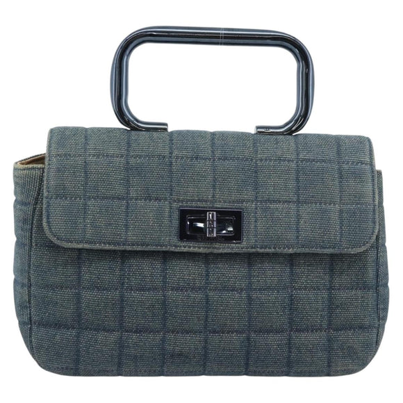 CHANEL 2.55 Choco Bar Line Hand Bag Canvas Blue CC Auth mr2780V