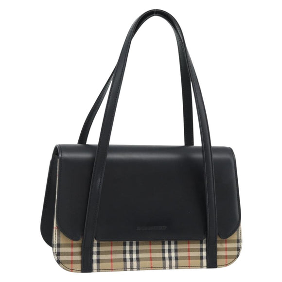 BURBERRY Nova Check Hand Bag Canvas Leather Black Silver Auth mr2783