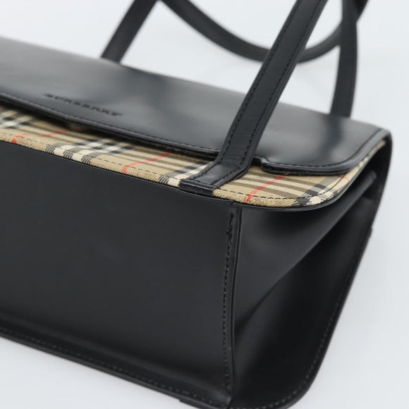 BURBERRY Nova Check Hand Bag Canvas Leather Black Silver Auth mr2783