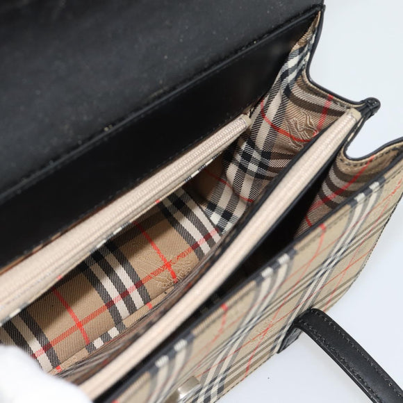 BURBERRY Nova Check Hand Bag Canvas Leather Black Silver Auth mr2783