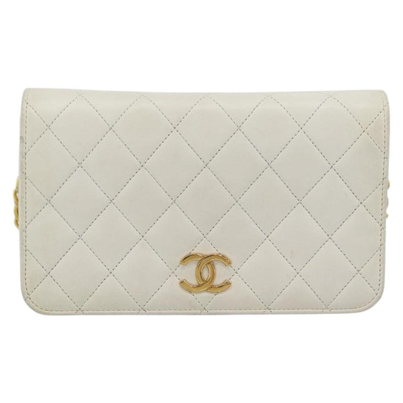 CHANEL Matelasse Chain Shoulder Bag Leather White Gold CC Auth mr2797