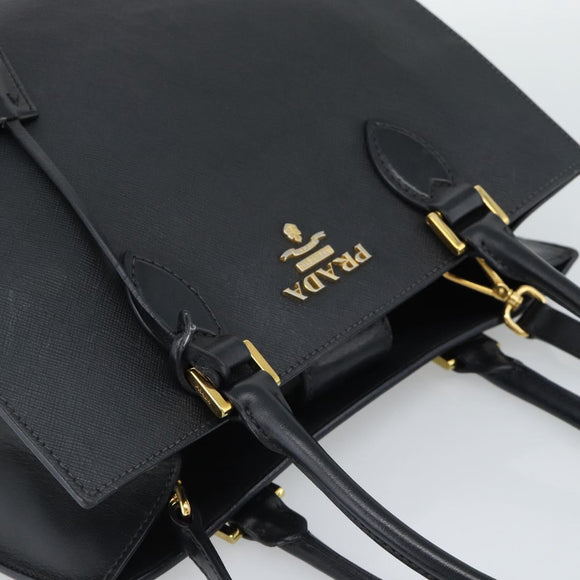PRADA Hand Bag Safiano Leather 2way Black Gold Auth mr2800